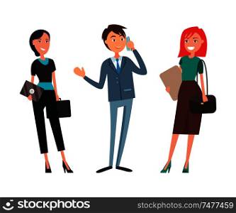 Businessman talking on phone, business women smiling holding tablets vector. Director solving issues with partners on cell, cooperation in team and teamwork. Businessman Talking on Phone Businesswoman Smiling