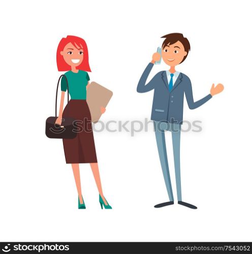 Businessman talking on phone, businesswoman smiling holding papers vector. Director solving issues with partners on cell. Business calls cooperation. Businessman Talking on Phone Businesswoman Smiling