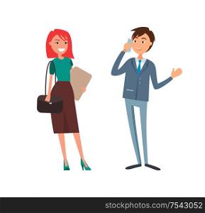 Businessman talking on phone, businesswoman smiling holding papers vector. Director solving issues with partners on cell. Business calls cooperation. Businessman Talking on Phone Businesswoman Smiling