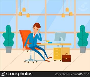 Businessman talking on phone, monitor of computer and notebook on desktop. Business consultation in office, worker communication with device vector. Employee on Workplace, Working with Laptop Vector