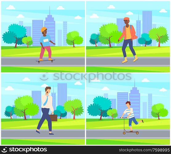 Businessman talking on phone vector, teenager skating on board, children having fun on weekends, male with smartphone and briefcase. City park set. Kid Skateboarding in City Park, People Walking