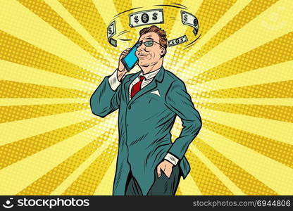 Businessman talking on the phone about finances. Pop art retro vector illustration. Businessman talking on the phone about finances