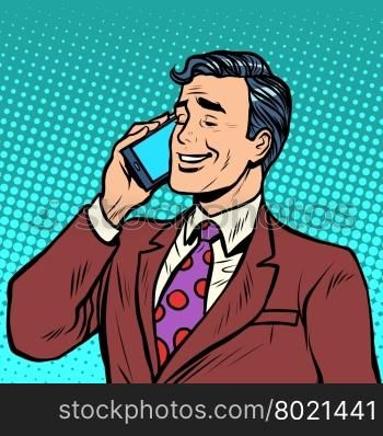 Businessman talking on the phone pop art retro style. Smartphone and communications. Modern technology. Businessman talking on the phone