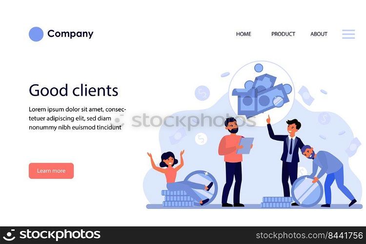 Businessman talking to clients about investment and savings. Men and woman counting income in bank flat vector illustration. Banking concept for banner, website design or landing web page