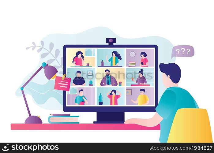 Businessman talking to people on video conference. Various humans on computer screen communicate with colleague. Concept of online meeting, webinar and video conference.Trendy flat vector illustration. Businessman talking to people on video conference. Various humans on computer screen communicate with colleague.