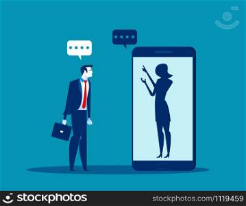 Businessman talking with anonymous person inside of smartphone. Concept business vector illustration.. Businessman talking with anonymous person inside of smartphone. Concept business vector illustration.
