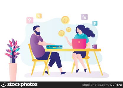 Businessman talking with female financial consultant. Investment planning, banking. Financial advisor, tax specialist. Business consulting, analytics. Growth profits and savings. Vector illustration. Businessman talking with female financial consultant. Investment planning, banking finance. Invest ideas and business consulting