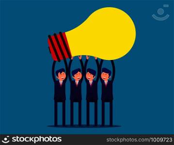 Businessman team holding idea light bulbs above his head. Concept business creative ideas vector illustration.
