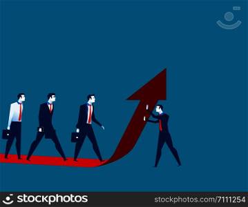 Businessman team moves up on the red arrow. Concept business illustration. Vector flat