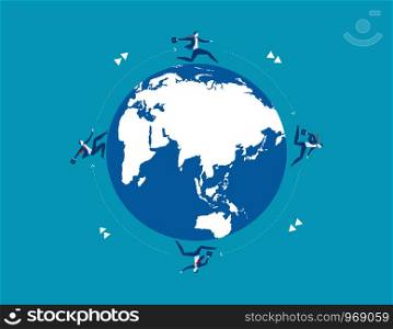 Businessman team running on globe for success. Concept business success illustration. Vector cartoon character or abstract flat