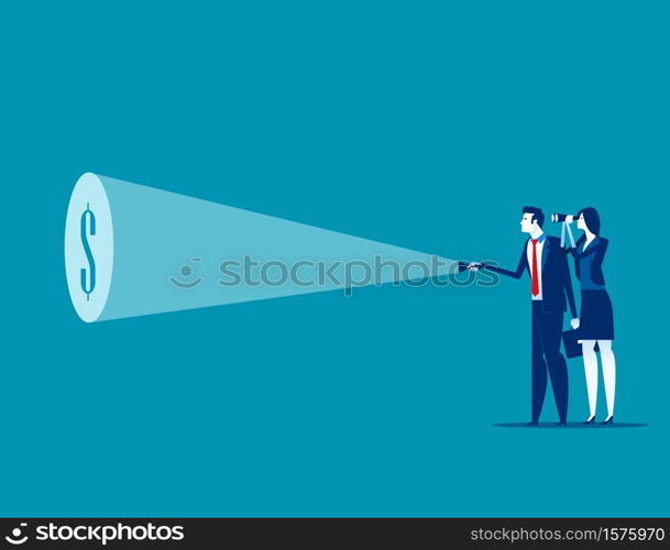 Businessman team with flashlight and searching dollar sign. Concept business vector illustration, Currency, Financial, Successful.