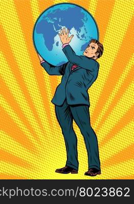 Businessman the Titan Atlas holds the Earth on his shoulders pop art retro style. Images of ancient myths in business. The power of the planet. caring for the earth. Earth Day. Businessman Titan Atlas holds the Earth