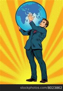 Businessman the Titan Atlas holds the Earth on his shoulders pop art retro style. Images of ancient myths in business. The power of the planet. caring for the earth. Earth Day. Businessman Titan Atlas holds the Earth