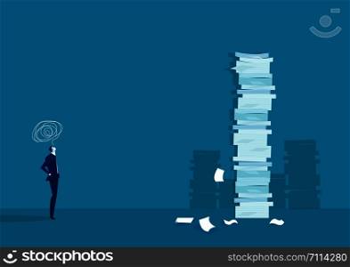businessman think and solution with very tall paper stack vs man on blue background