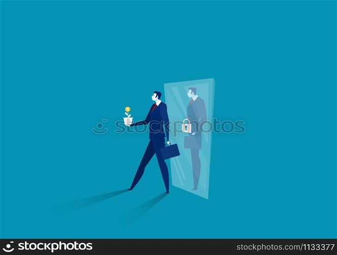 businessman think growth mindset walk out of mirror fixed mindset concept vector
