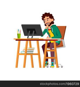 Businessman Thinking About Project Problem Vector. Smiling Caucasian Business Man Sitting At Workplace, Looking On Computer Screen And Thinking Goal Achievement. Character Flat Cartoon Illustration. Businessman Thinking About Project Problem Vector