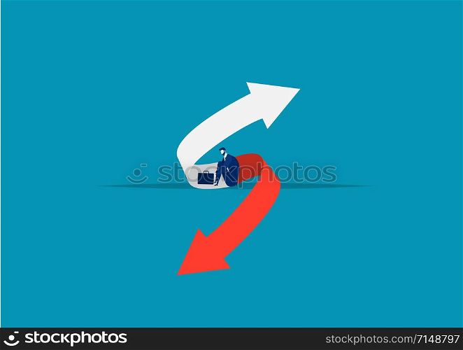businessman thinking in the middle of right red arrow and left white arrow on blue background