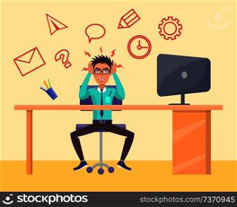 Businessman thinking much of working tasks and problems, furious male wearing formal suit stressed, feeling anger, irritation vector illustration. Businessman Thinking Much Vector Illustration