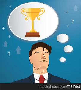 businessman thinking of trophy vector, business concept illustration