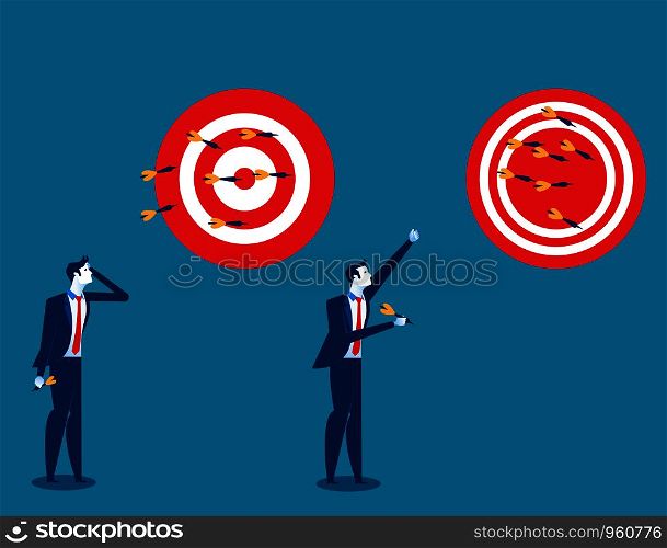 Businessman throwing darts at dart board. Concept business success illustration. Vector cartoon character and abstract