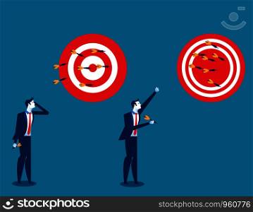 Businessman throwing darts at dart board. Concept business success illustration. Vector cartoon character and abstract