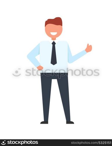 Businessman Throwing up his Finger illustration. Smiling businessman dressed in dark grey suit pants and light blue shirt throwing up his thumb finger isolated vector illustration on white