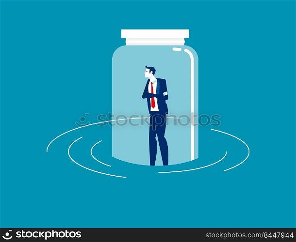Businessman trapped in bottle and floating in the water
