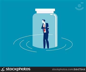 Businessman trapped in bottle and floating in the water
