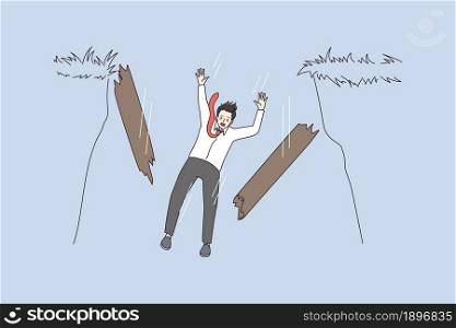 Businessman trip fall into precipice gap trap. Man employee worker risk, walk on thin line, lose all. Bankruptcy and failure concept. Business crisis. Flat vector, illustration, cartoon character. . Businessman risk at work fall into precipice