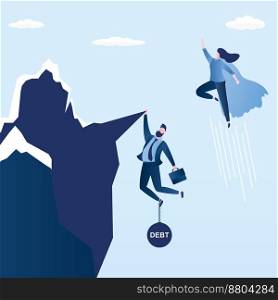 Businessman try hard to hold on the cliff with debt burden.Successful business woman hero fly up in sky,business success and failure concept,trendy style vector illustration