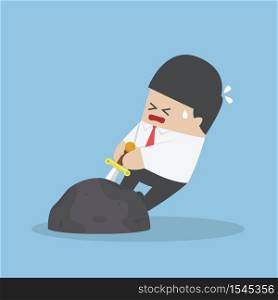 Businessman try to pull sword from stone, VECTOR, EPS10