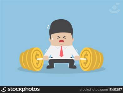 Businessman trying hard to lifting up barbell with coin weight, financial concept, VECTOR, EPS10