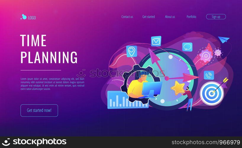 Businessman trying to accomplish tasks and goals on time and big clock and computer. Time management, effective time spending, time planning concept. Website vibrant violet landing web page template.. Time management concept landing page.