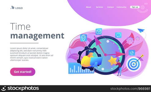 Businessman trying to accomplish tasks and goals on time and big clock and computer. Time management, effective time spending, time planning concept. Website vibrant violet landing web page template.. Time management concept landing page.
