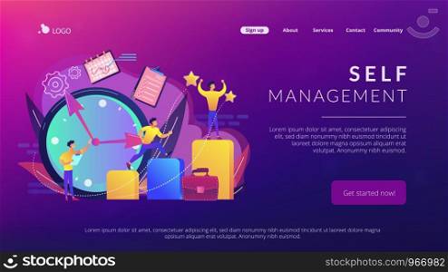 Businessman trying to accomplish tasks and goals on time and big clock and computer. Time management, effective time spending, time planning concept. Website vibrant violet landing web page template.. Time management concept landing page.