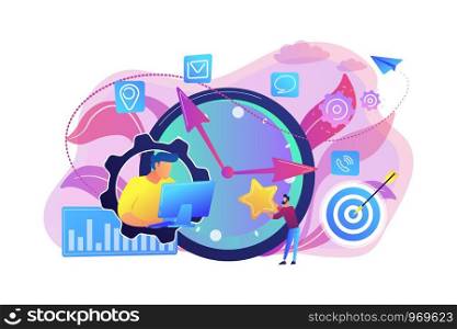Businessman trying to accomplish tasks and goals on time and big clock and computer. Time management, effective time spending, time planning concept. Bright vibrant violet vector isolated illustration. Time management concept vector illustration.