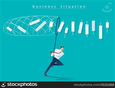 businessman trying to catch candlestick chart business concept