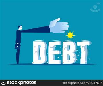 Businessman trying to crush and smash the heavy debt burden. Breaking the debt