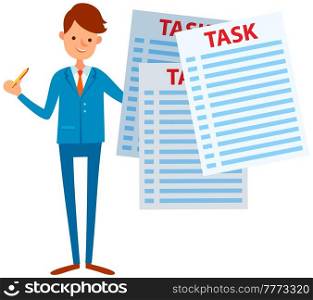 Businessman trying to stay calm with tasks on paper sheets. Male character planning his schedule to finish task on time. Man deal with deadlines, assignments scheduling, work process organization. Businessman trying to stay calm with tasks on paper sheets. Male character deal with deadlines