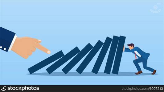 Businessman trying to stop falling domino effect . Business crisis management and solution concept. Concept of risk. hand pushes dominoes standing in row. Vector illustration in flat style.. Businessman trying to stop falling domino.
