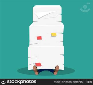 Businessman under the stack of paper. Vector illustration in flat style. Businessman under the stack of paper,