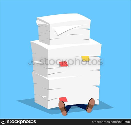Businessman under the stack of paper. Vector illustration in flat style. Businessman under the stack of paper,