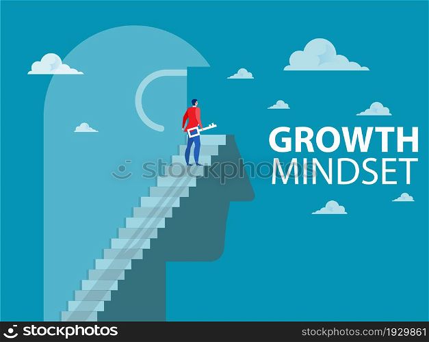 Businessman unlock thinking on top head human for improved behaves think for growth mindset concept vector