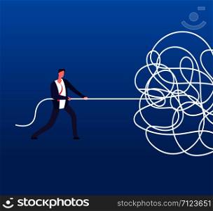 Businessman unraveling tangled rope. Difficult problem, chaos and mess vector business concept. Illustration of businessman with problem, solution and tangled cable. Businessman unraveling tangled rope. Difficult problem, chaos and mess vector business concept