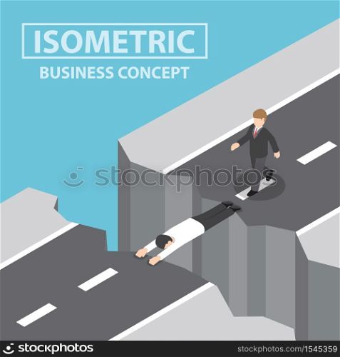 Businessman use himself as a bridge to pass a gap on the mountain, Flat 3d web isometric infographics design, VECTOR, EPS10