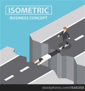 Businessman use himself as a bridge to pass a gap on the mountain, Flat 3d web isometric infographics design, VECTOR, EPS10