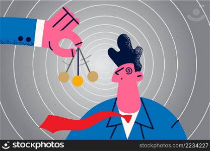 Businessman use manipulation technique of business partner or client. Man employee put hypnosis on customer. Manipulating colleague. Leadership and power. Vector illustration. . Businessman put client under hypnosis