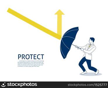 businessman use umbrella to protecting arrow down. hand drawn style vector doodle design illustrations. - Vector