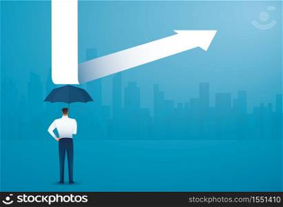 businessman use umbrella to protecting arrow down vector illustration