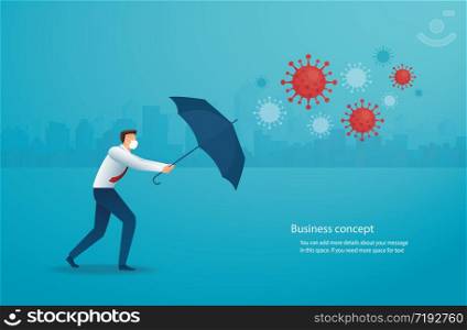 Businessman uses umbrella to protect himself from Coronavirus (COVID-19) vector illustration, EPS10